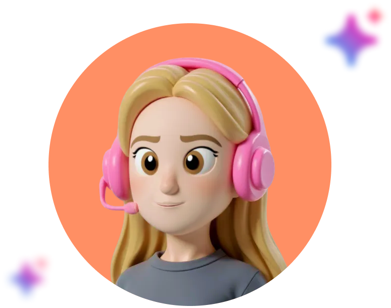 Dotty - 3D cartoon character with blonde hair wearing pink headphones and a dark shirt, set against an orange circle background with colorful blobs.