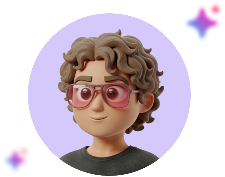 3D cartoon character with curly hair and pink glasses, smiling against a purple background with colorful shapes.