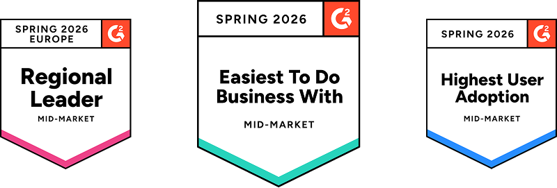 Three G2 awards earned by Teamwork.com in Spring 2026: Regional Leader, Easiest To Do Business With, and Highest User Adoption, all in the Mid-Market category.