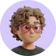 3D avatar with curly hair, wearing pink heart-shaped sunglasses and a dark shirt, set against a light purple background.