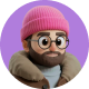 Animated character with a beard, glasses, and pink beanie, wearing a brown jacket, against a purple background.