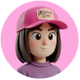 3D illustration of a person with shoulder-length hair, wearing a pink cap and purple shirt, set against a pink circular background.