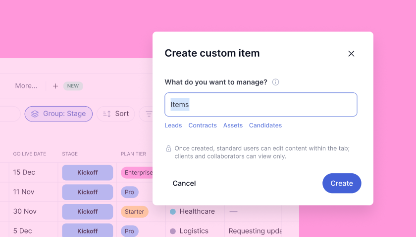 Image of Teamwork.com user interface,  showing a popup on a pink background with "Create custom item" prompt, a dropdown menu, and options like Leads, Contracts, Assets and Candidates.