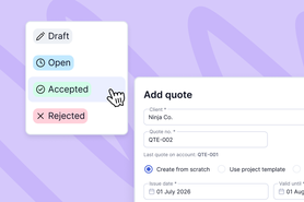 A digital interface showing quote statuses: Draft, Open, Accepted, Rejected. A quote form for "Ninja Co." is being edited.