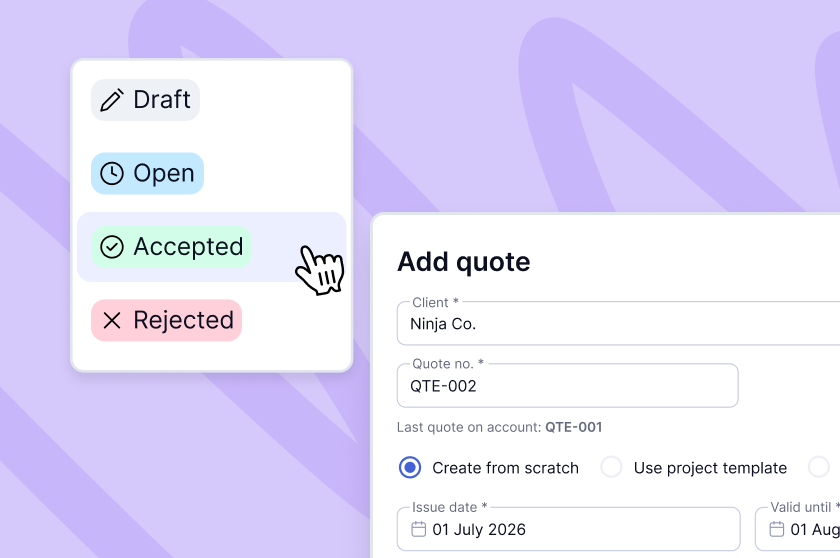 A digital interface showing quote statuses: Draft, Open, Accepted, Rejected. A quote form for "Ninja Co." is being edited.