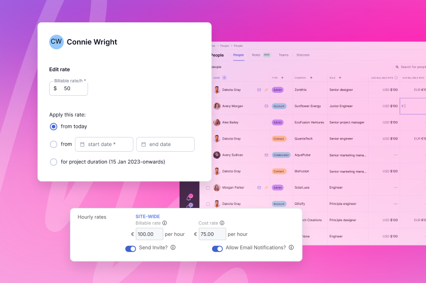 UI dashboard showing user profiles, billing options, and notifications settings against a pink gradient background.