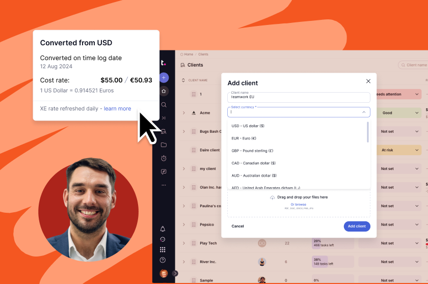Currency conversion interface showing USD to Euro, dated August 12, 2024, overlaid on a client management dashboard.
