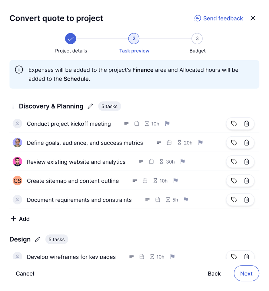 Teamwork.com screen showing task preview with categories like Discovery & Planning and Design, each with listed tasks and details.