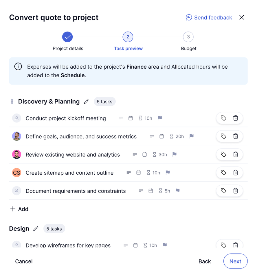 Teamwork.com screen showing task preview with categories like Discovery & Planning and Design, each with listed tasks and details.
