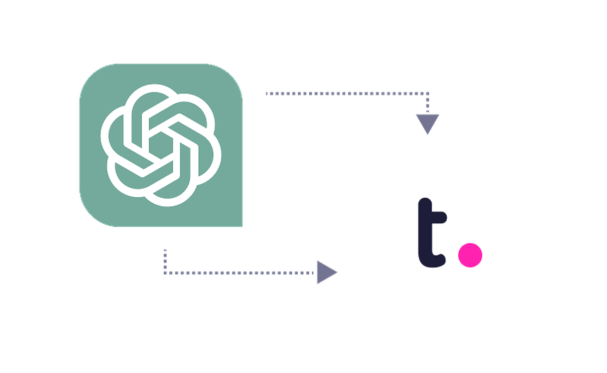 OpenAI logo connected by dashed arrows to the Teamwork.com  logo, illustrating an integration between ChatGPT and Teamwork.com.