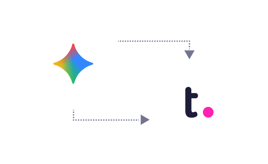 Gemini logo connected by dashed arrows to the Teamwork.com  logo, illustrating an integration between Gemini and Teamwork.com.