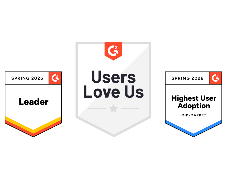 G2 Spring 2026 badges showcasing "Leader" and "Highest User Adoption" in Mid-Market alongside "Users Love Us" recognition.
