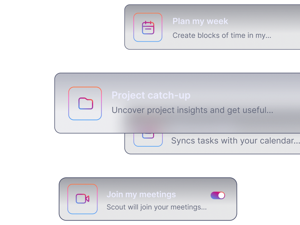 Teamwork.com interface showing options: "Plan my week," "Project catch-up," and "Join my meetings," with icons and brief descriptions.