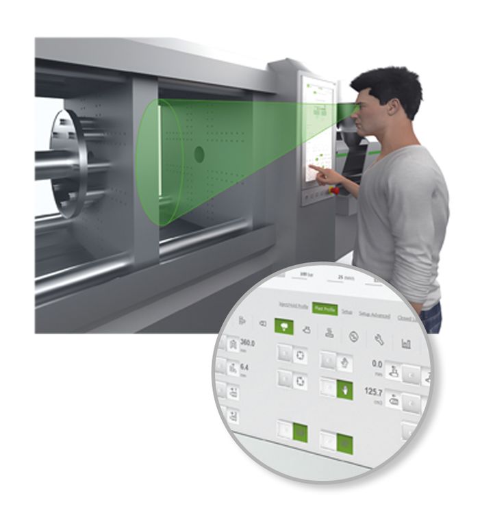 Ein Mann bedient eine Maschine. Der grüne Strahl zeigt uns seine Sichtlinie. Ein Detailbild zeigt einen Kreisausschnitt des KeTop AP500-Bedienfeldes.